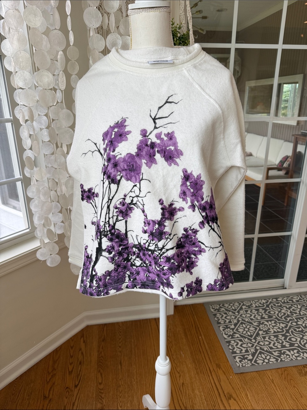 White Fleece Cozy Sweatshirt with Purple Floral Cherry Blossom Print